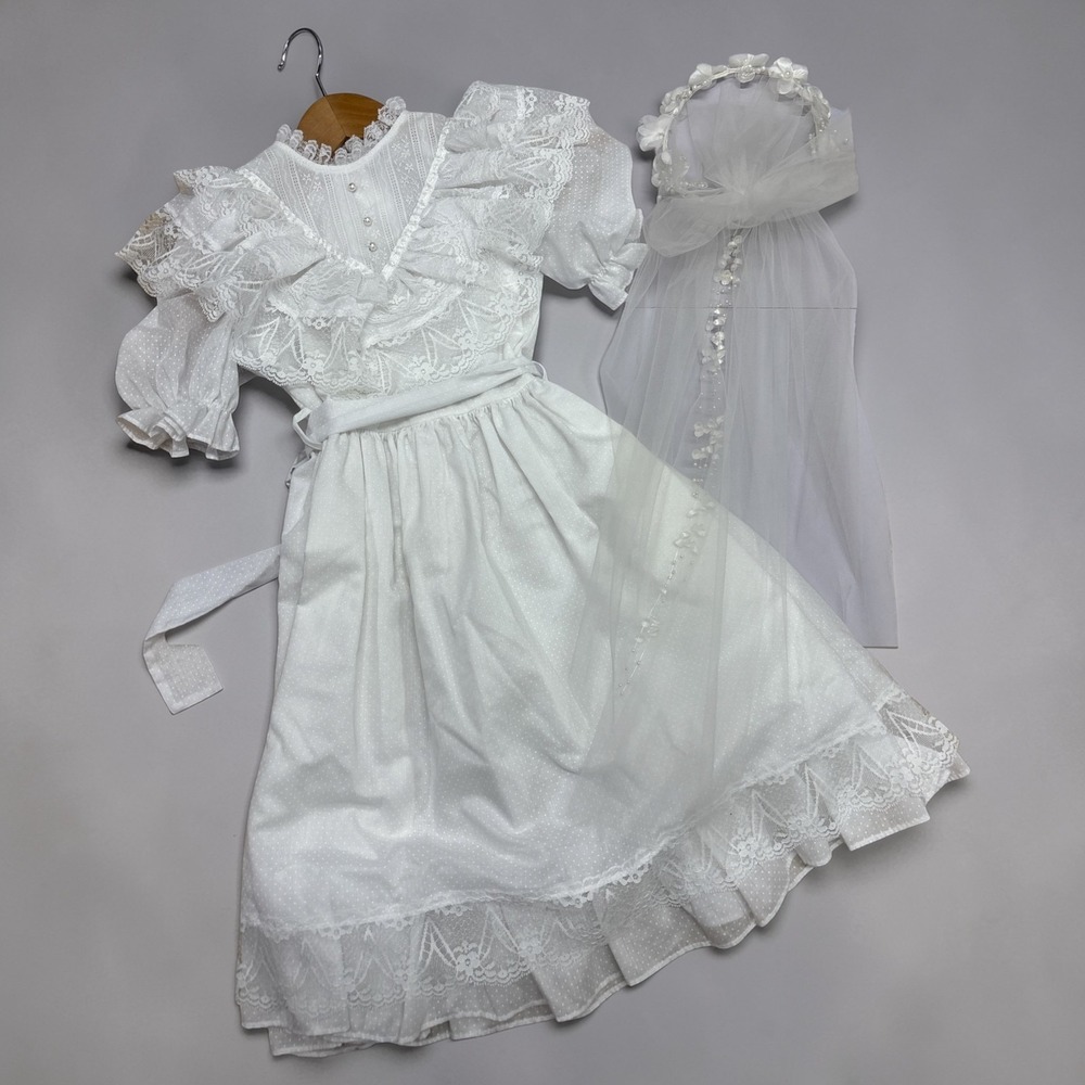 VTG Bryan White Flower Girl‎ Dress Frilly Ruffles Lace Church Communion Size 7